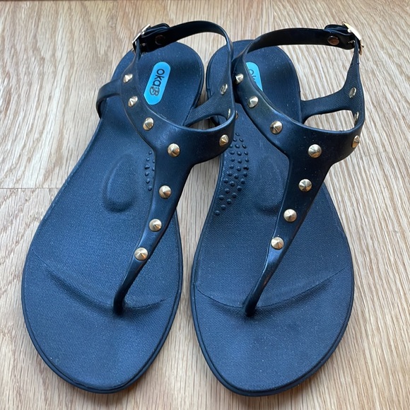 OKA b T-strap Black Sandals with Gold Studs - Picture 2 of 4